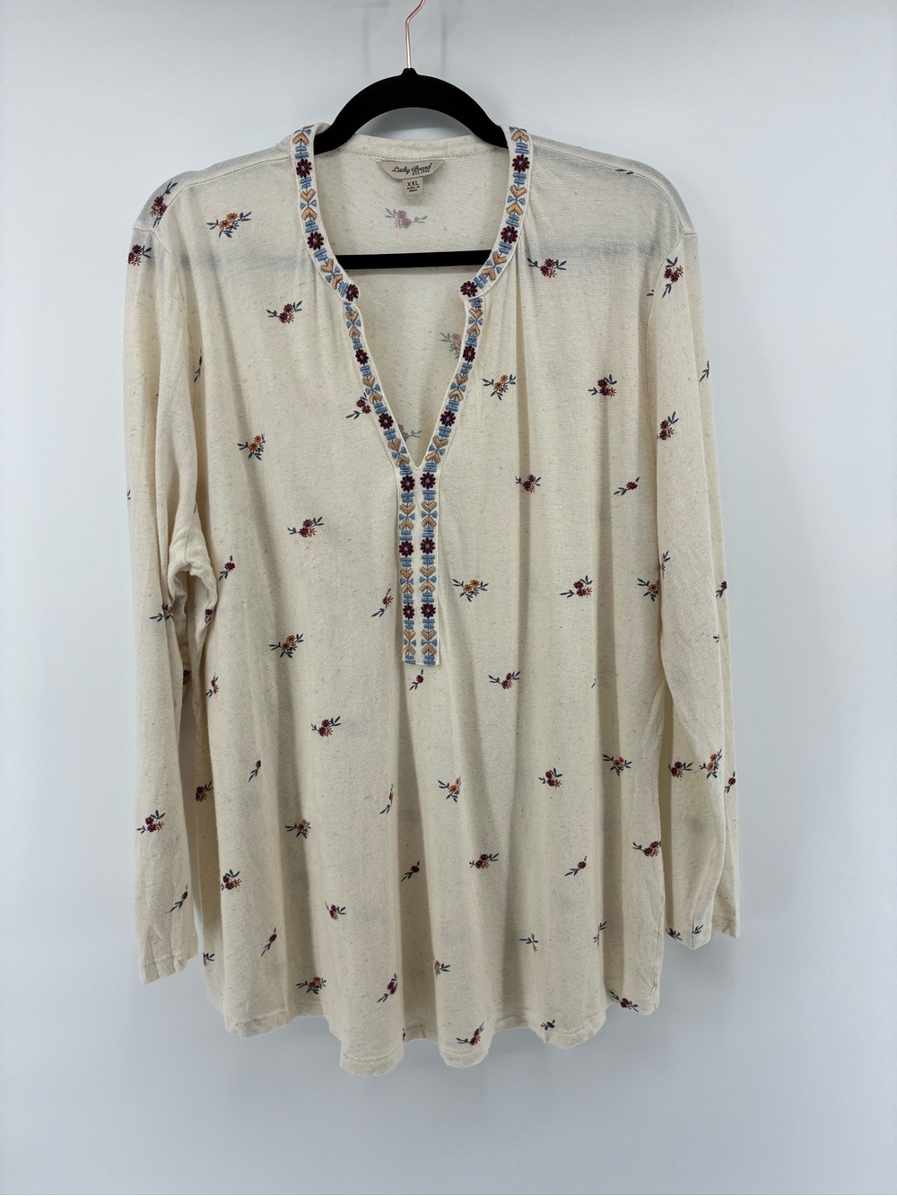 Lucky Brand Cream Floral Embroidered Henley Top